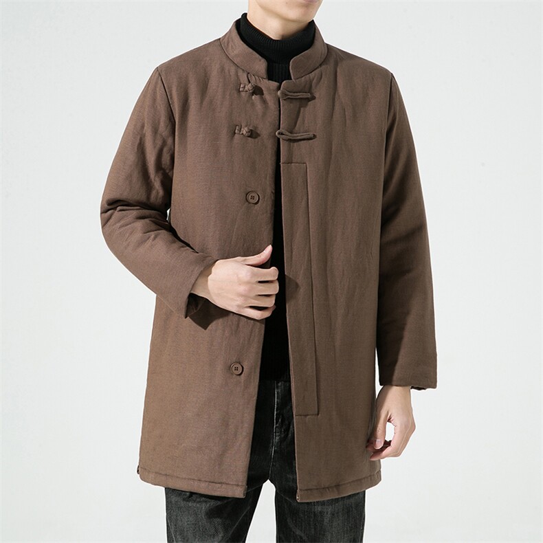 M2230^改良新中式纯色亚麻中长款复古风盘扣加厚保暖棉衣外套，男装棉衣，钱塘777(原3023)