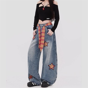 街头设计感阔腿牛仔裤女春秋季新款显瘦显高时尚宽松拖地牛仔裤潮