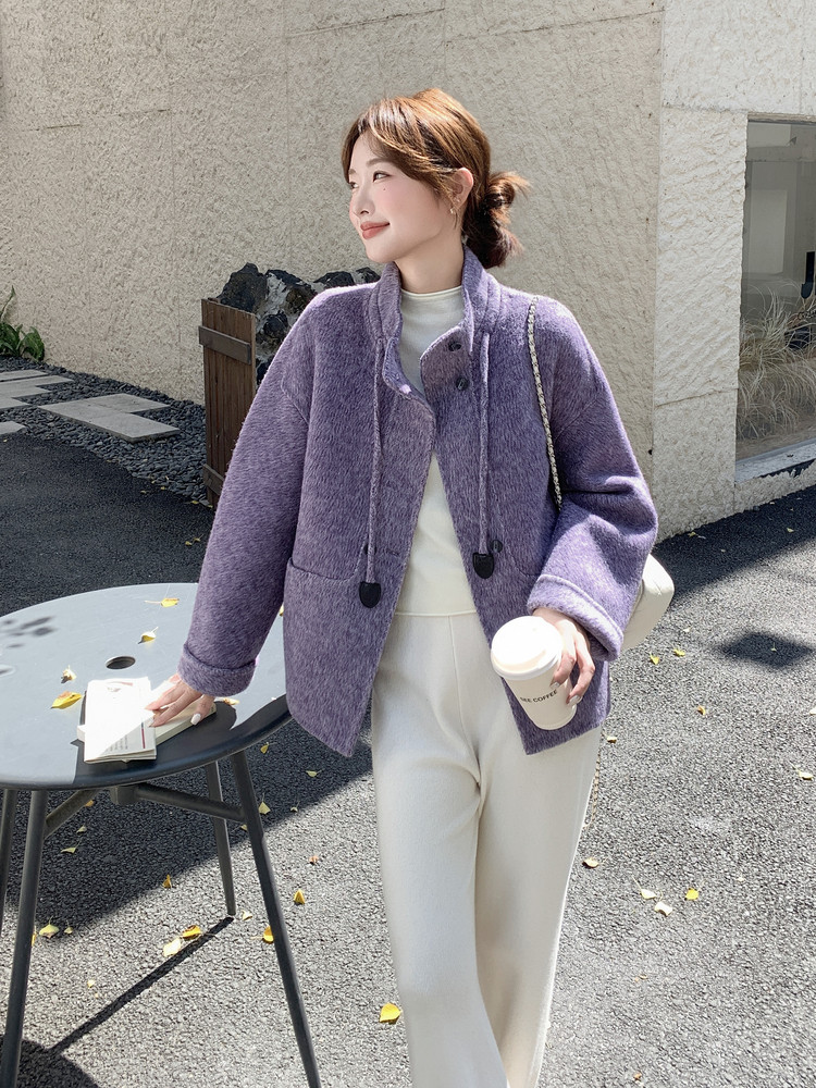 紫色立领双面呢大衣女2025秋冬新款法式漂亮气质小个子毛呢外套潮,女装羊绒大衣,2C316