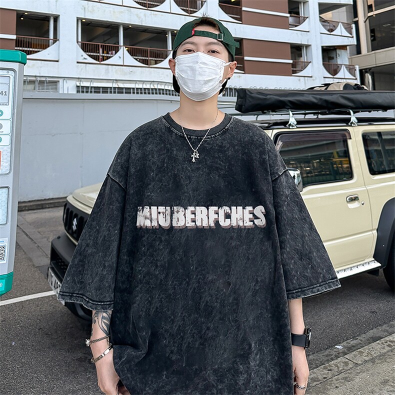 B239-1132-P38美式字母印花复古水洗做旧落肩袖短袖T恤上衣,男装T恤,星座514-2(原B239)