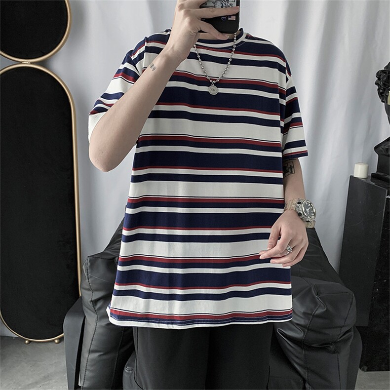 新款五分袖宽松潮流潮牌短袖男5分潮男半袖网红条纹t恤T080-P20,男装T恤,星座512-2