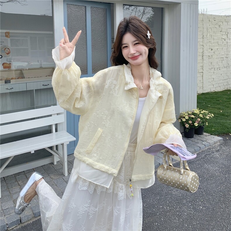 韩版休闲风薄款蕾丝短外套女春夏宽松拉链翻领长袖减龄防晒衣,女装防晒衣,维壹