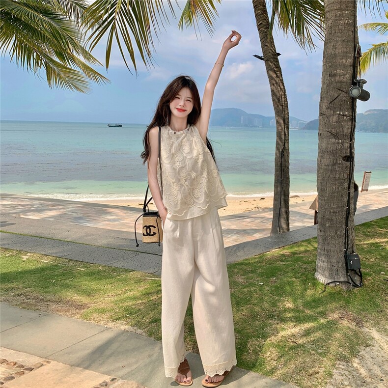 2025夏季新款法式蕾丝绣花小衫高腰直筒阔腿裤天丝棉麻两件套装女,女装套装/套裙,韩蜜菓