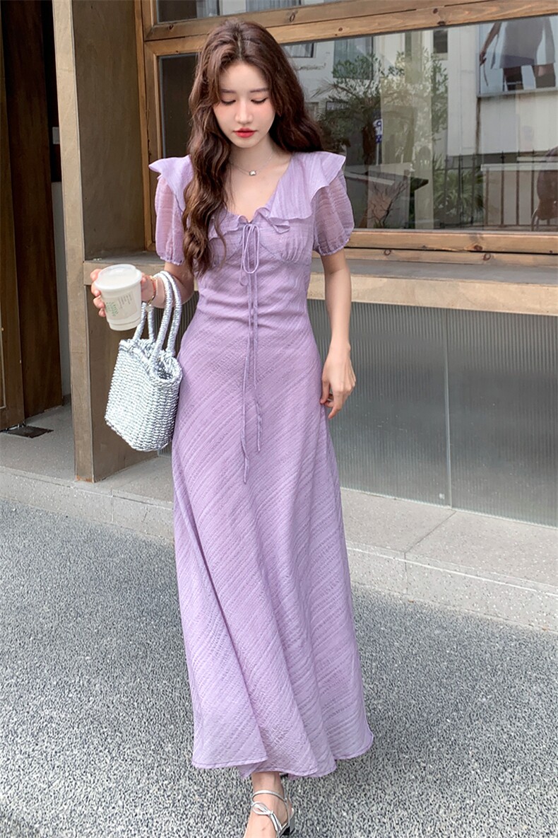 气质长款V领荷叶边温柔连衣裙女夏季2025文艺日系绝美高级感长裙,女装连衣裙,浙宝305
