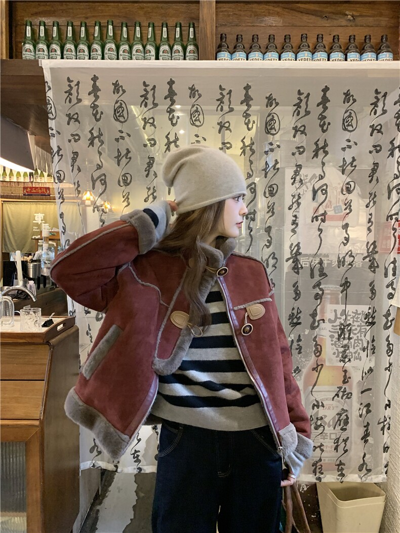 现货新款安哥拉红皮毛一体外套HW83P170K258,女装短外套,2D035