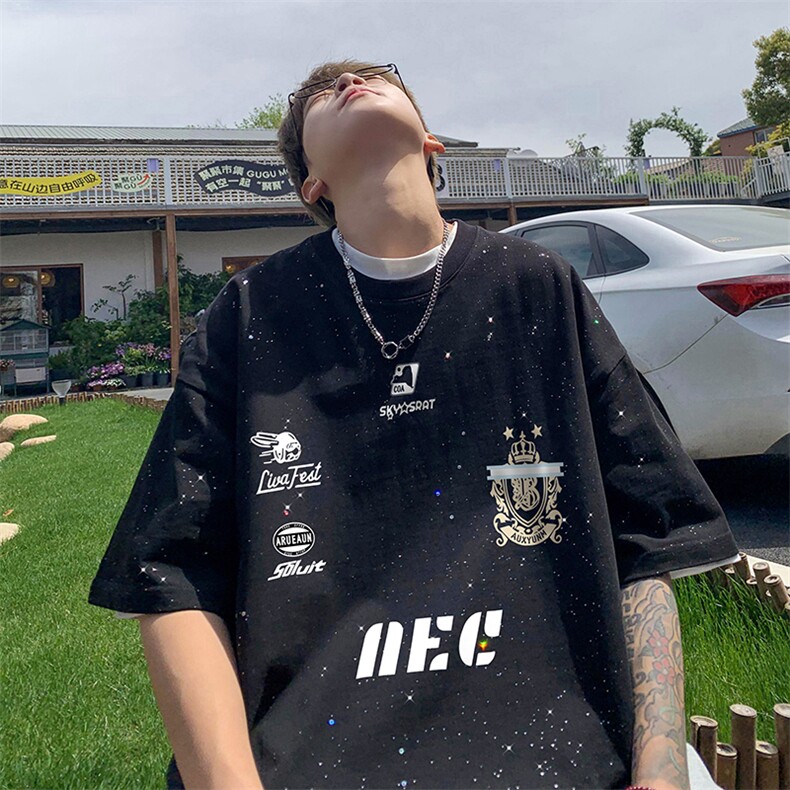 量大优供抖音视频 支持得物配合二开美式满天星亮片短袖T恤MTX279图片