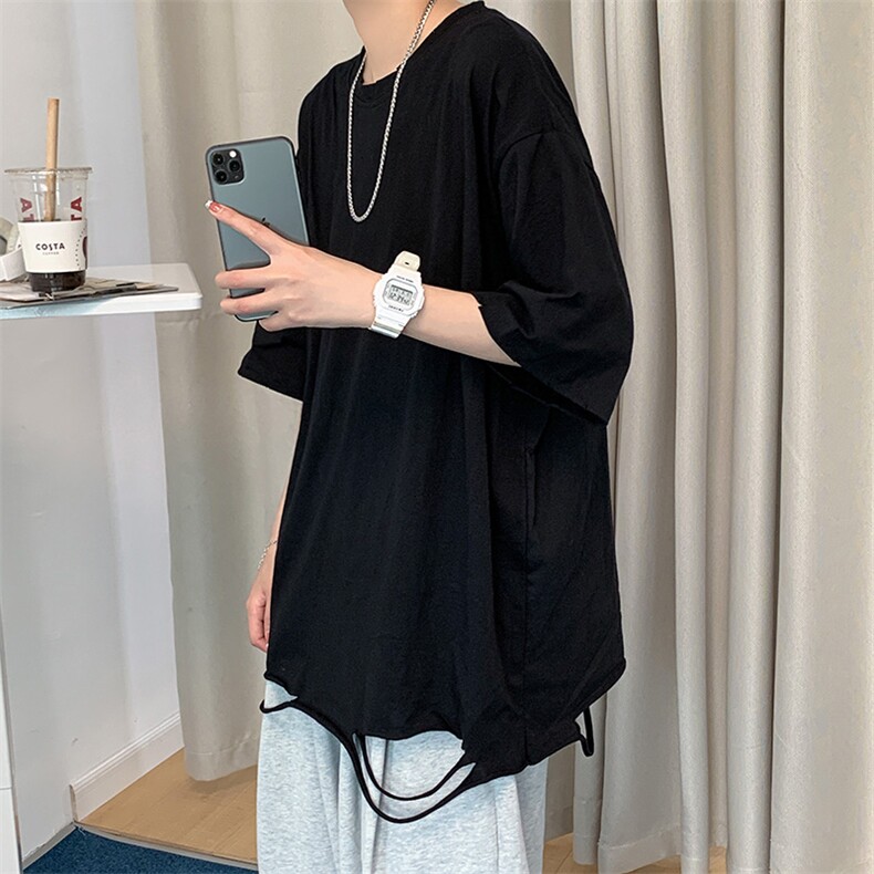 T2035-P25夏季潮破洞毛边复古宽松短袖中性男女情侣圆领t恤控38,男装T恤,电商A009A（原A058A）