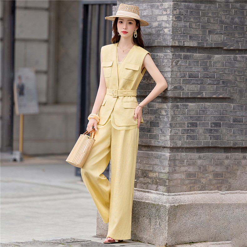 2026夏季时尚麻料显瘦洋气收腰气质女人味奶黄无袖系腰带套装,商品下架区,美沁