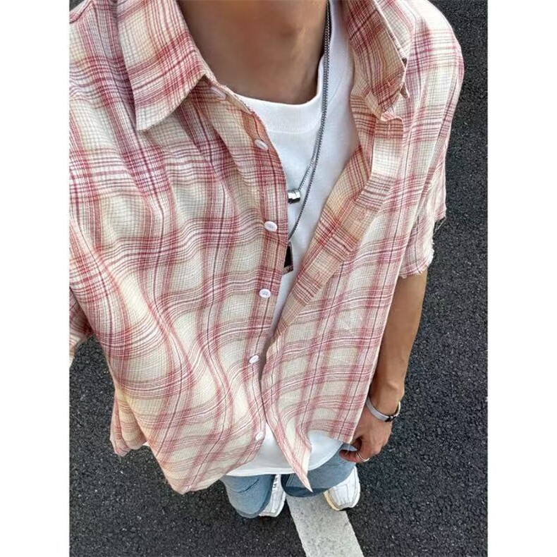 已下单~夏季短款粉色格子毛边短袖衬衫~短袖CT25116长袖C5116,男装T恤,星座1004-6