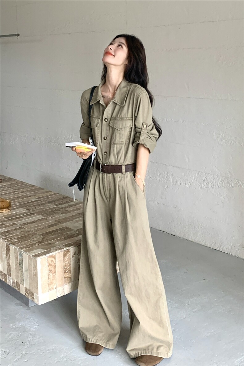 卡其色慵懒酷飒风工装连体裤女初秋高级感穿搭松弛感时髦连身裤,女装连体裤,2C133