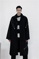 山本暗黑风拉链装饰中长款风衣小众走秀款工装外套A452-H22，男装风衣，电商A452