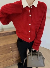 时尚百搭POLO领扭花羊毛开衫显瘦修身女士毛衣外套，女装羊毛衫，圣旺供货