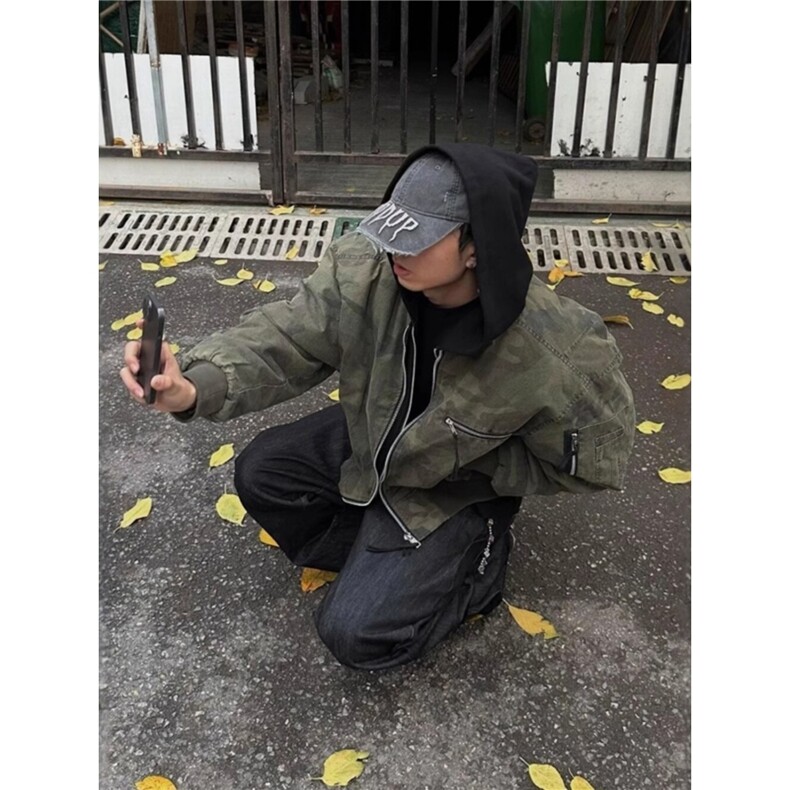 美式复古迷彩假两件bomber飞行夹克男秋冬高街短款连帽棒球服外套,男装夹克,星座506A