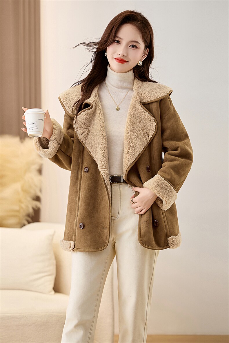 皮毛一体仿羊羔毛外套女2024冬季新款上衣,女装短外套,秀美人生