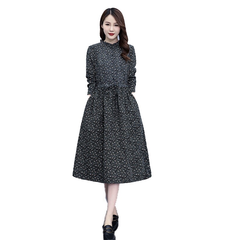 棉麻连衣裙子春款女春秋装2024年新款妈妈高端气质碎花打底中长裙,女装连衣裙,凝聚力