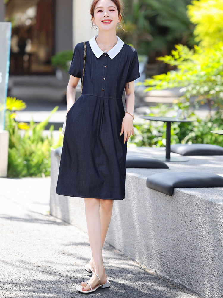 娃娃领连衣裙女2025新款中长款夏季短袖高级感减龄妈妈夏装裙子潮,女装连衣裙,梦芯尔
