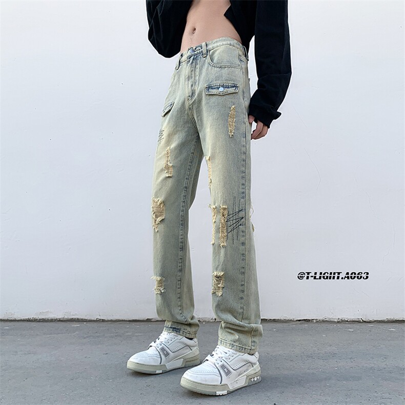 2023夏季美式高街修身直筒弹力刺绣牛仔裤货号K706P65控价88图片