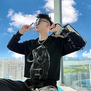 AW207/P78控108秋季社会小伙圆领黑豹高级设计感打底卫衣男黑首图片