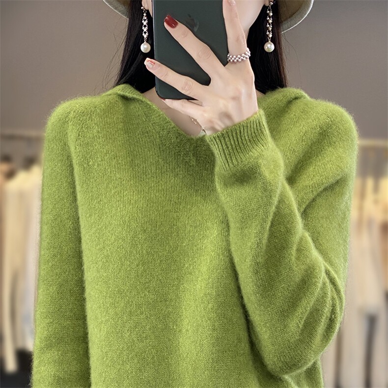 v领新款针织女长袖纯色简约百搭宽松套头连帽,针织衫/毛衣,戎洋