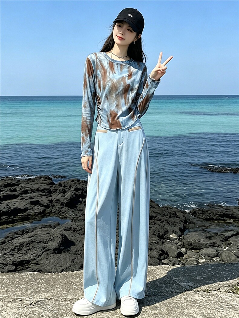 女夏季新款时尚减龄套装圆领晕染网纱印花长袖上衣阔腿长裤两件套,女装套装/套裙,江南