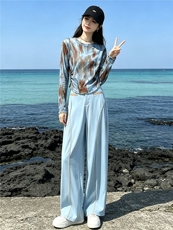 女夏季新款时尚减龄套装圆领晕染网纱印花长袖上衣阔腿长裤两件套，女装套装/套裙，江南