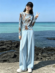 女夏季新款时尚减龄套装圆领晕染网纱印花长袖上衣阔腿长裤两件套图片