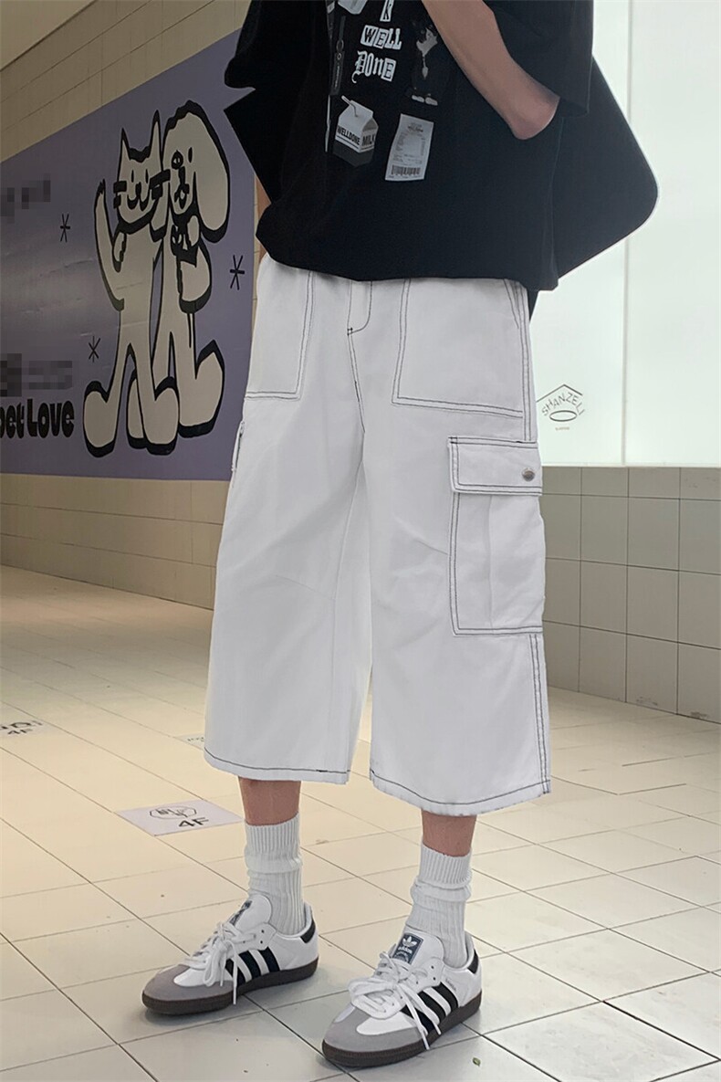 明线阔腿工装七分裤男女夏季美式高街宽松大口袋休闲裤Y1106p45,男装牛仔裤,电商B381-2