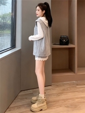 韩版时尚休闲裤裙套装女春款马甲外套连帽T恤蕾丝花边裤裙三件套，女装套装/套裙，江南