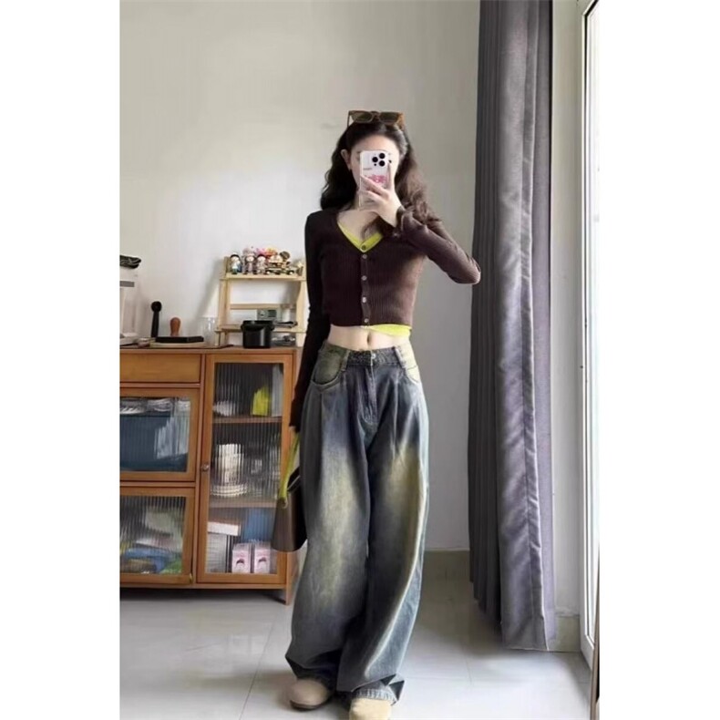 D5203-P50水泥灰阔腿牛仔裤男女2024春秋直筒垂感拖地裤-网图现货,男装牛仔裤,星座603-2