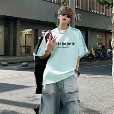 抖音得物品质二开240克宽松纯棉美式潮牌印花三条杠中性风短袖T恤，男装T恤，电商A486-1