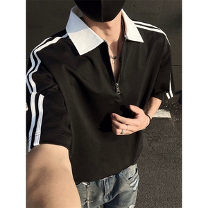 得物300克重磅纯棉宽松撞色打底短袖拉链POLO衫T恤男RH5033-特P40图片