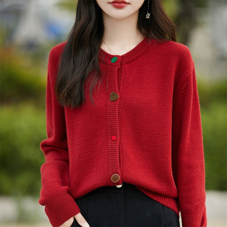 100%纯羊毛开衫女士圆领加厚彩扣长袖毛衣外套宽松羊绒衫针织外搭，女装羊毛衫，片语羊绒