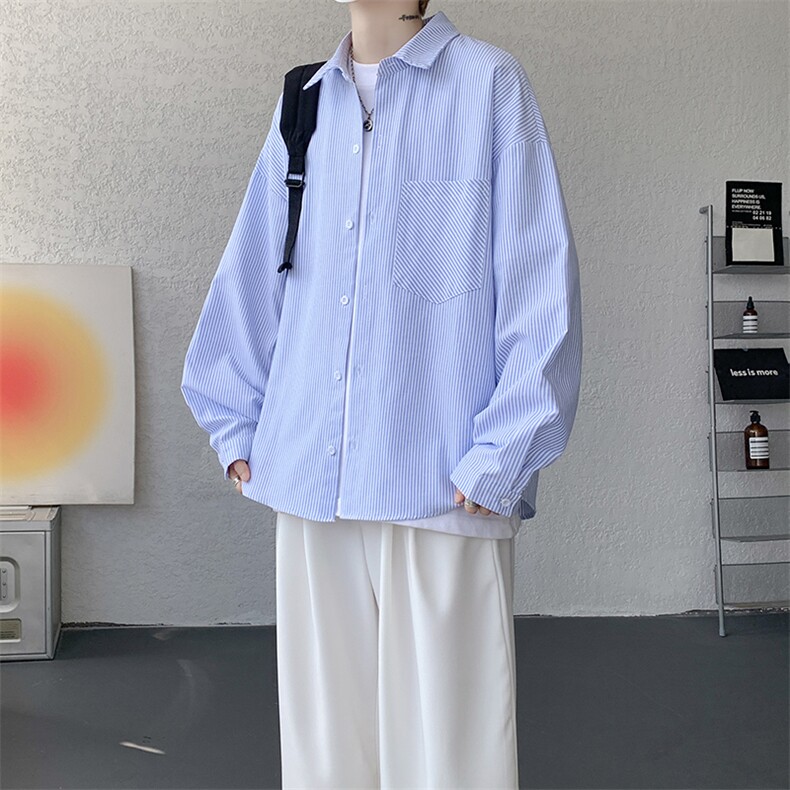 衬衫男秋季新款港风宽松大码条纹长袖衬衣CS801-特P29,男装衬衫,星座214-3