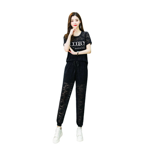 2021夏季新款简约时尚气质圆领字母图案设计休闲蕾丝两件套,女装套装/套裙,艾尚靓装