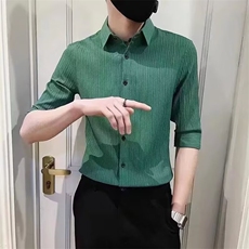 夏季新中式条纹冰丝立领衬衫男士中袖七分袖修身白色薄款时尚衬衣，男装衬衫，星座506A