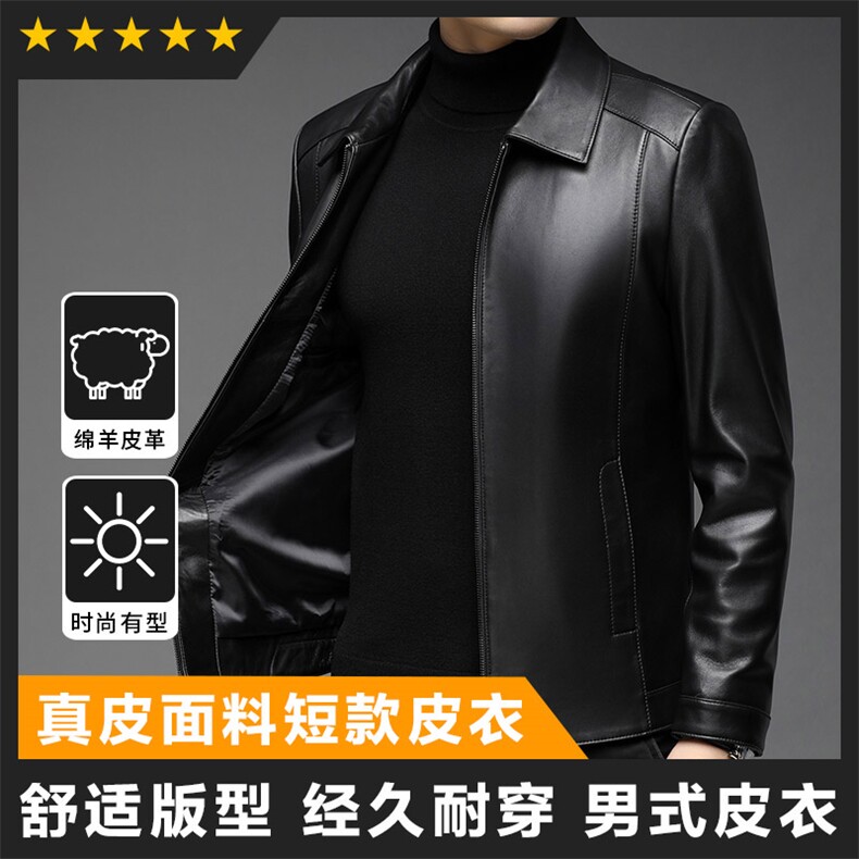 真绵羊毛翻领男士真皮皮衣商务休闲精品男装图片