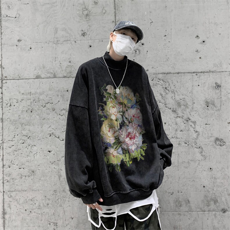 水洗做旧加绒加厚卫衣男23冬高领油画花朵打底衫XZ514-2-X51-P78,男装T恤,星座514-2(原B239)