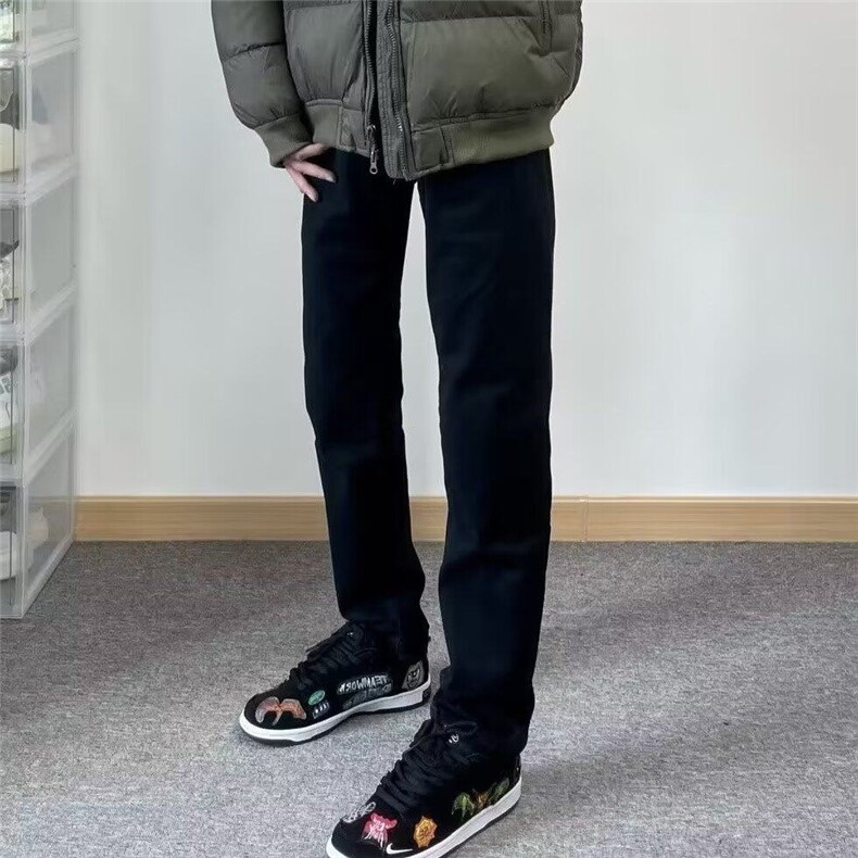 春秋新款刺绣猫头牛仔裤男网红同款潮流百搭修身弹力小脚直筒长裤,男装休闲裤,星座506A