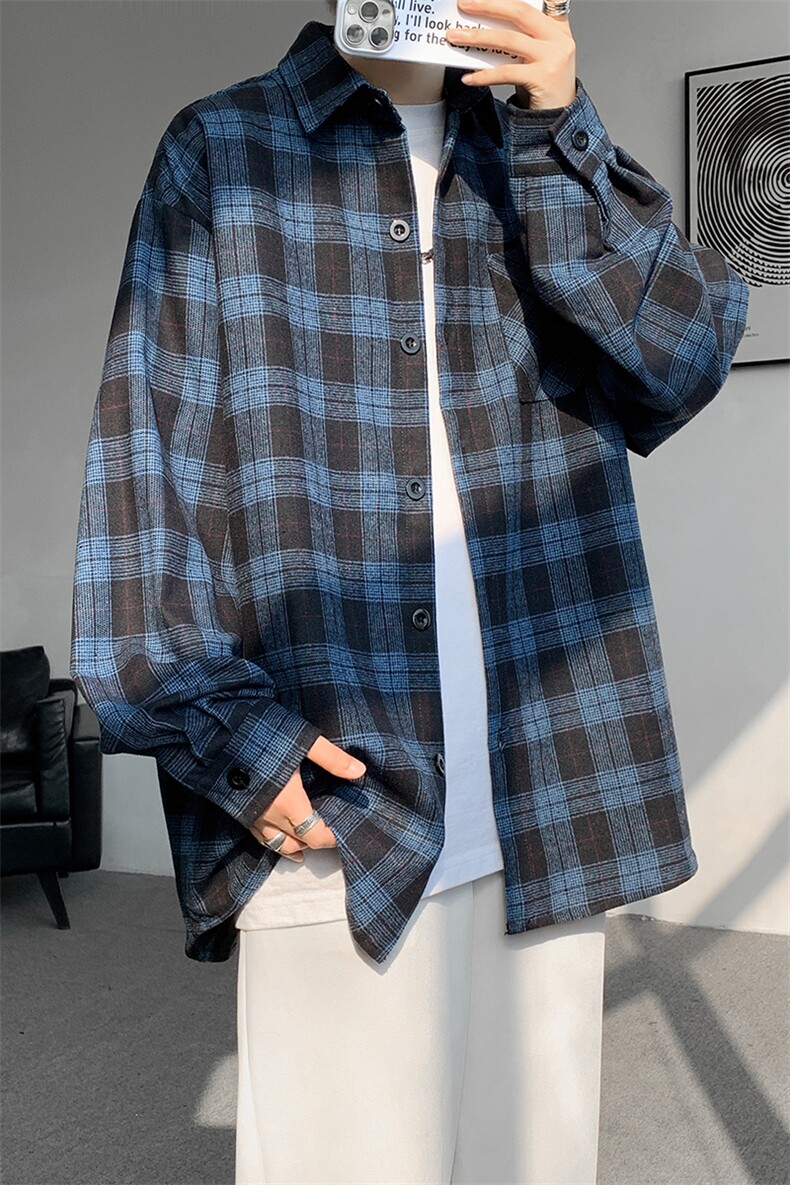 8XL-M格子衬衫男长袖秋季美式复古潮宽松衬衣外套CS516P55控78,男装衬衫,电商D206-1