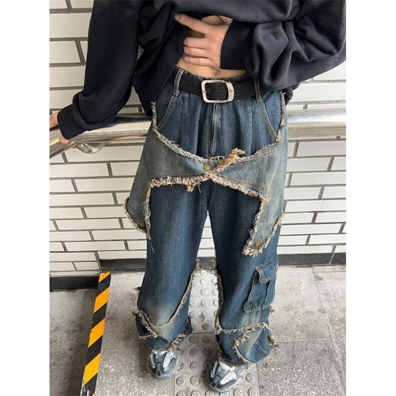 五角星设计牛仔裤男美式复古大口袋毛边做旧水洗高街工装阔腿长裤,男装牛仔裤,星座716-2