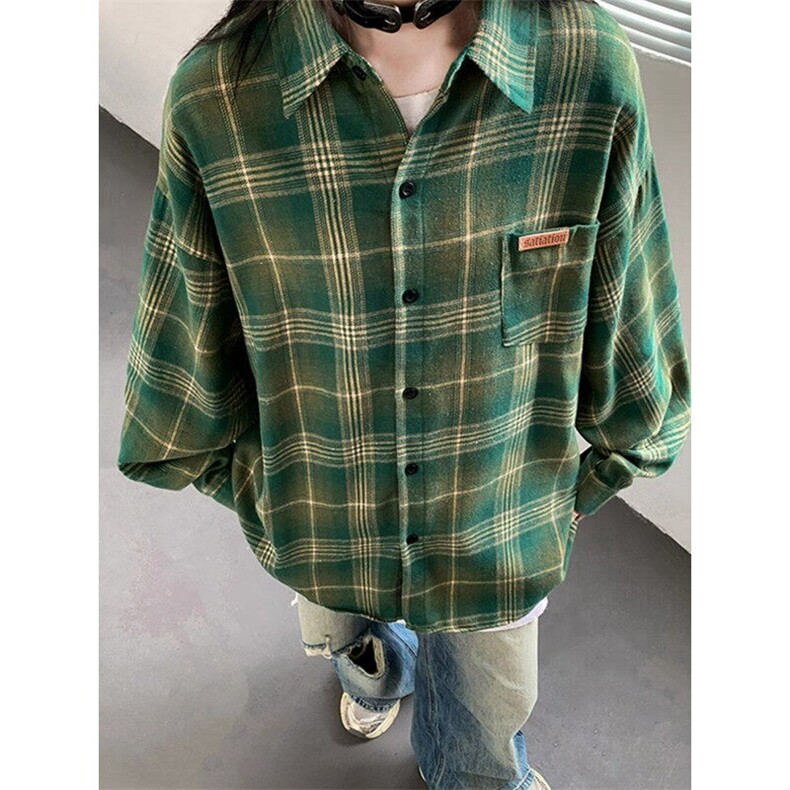 Q11/P36美式复古格子衬衫男女款外穿长袖上衣慵懒衬衣外套1,男装衬衫,星座1506