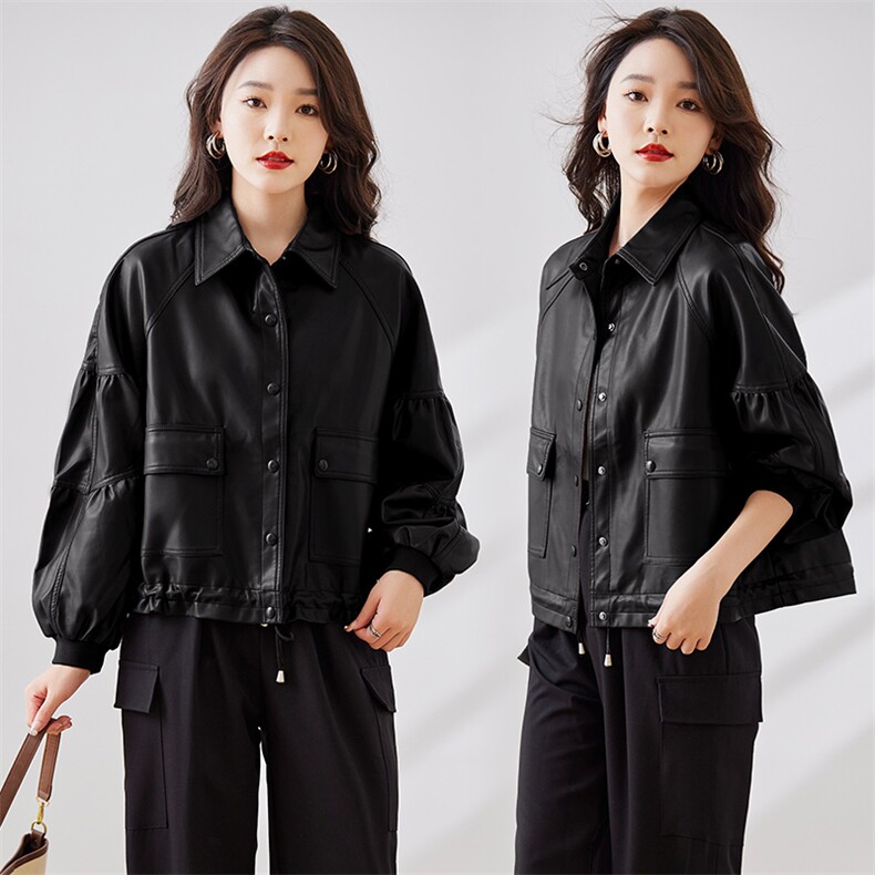 皮衣外套女2023新款短款春秋港风复古宽松pu机车小皮夹克款,女装皮衣,江南女神