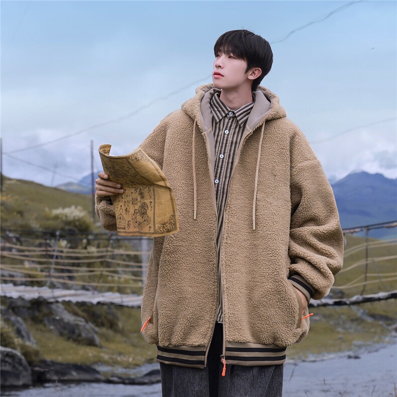 2025冬季休闲纯色羊羔毛开衫连帽外套棉服M2068特P50,男装棉衣,电商A148