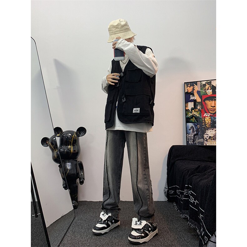 美式ins高街hiphop重工艺水洗毛边牛仔裤货号K712P65图片