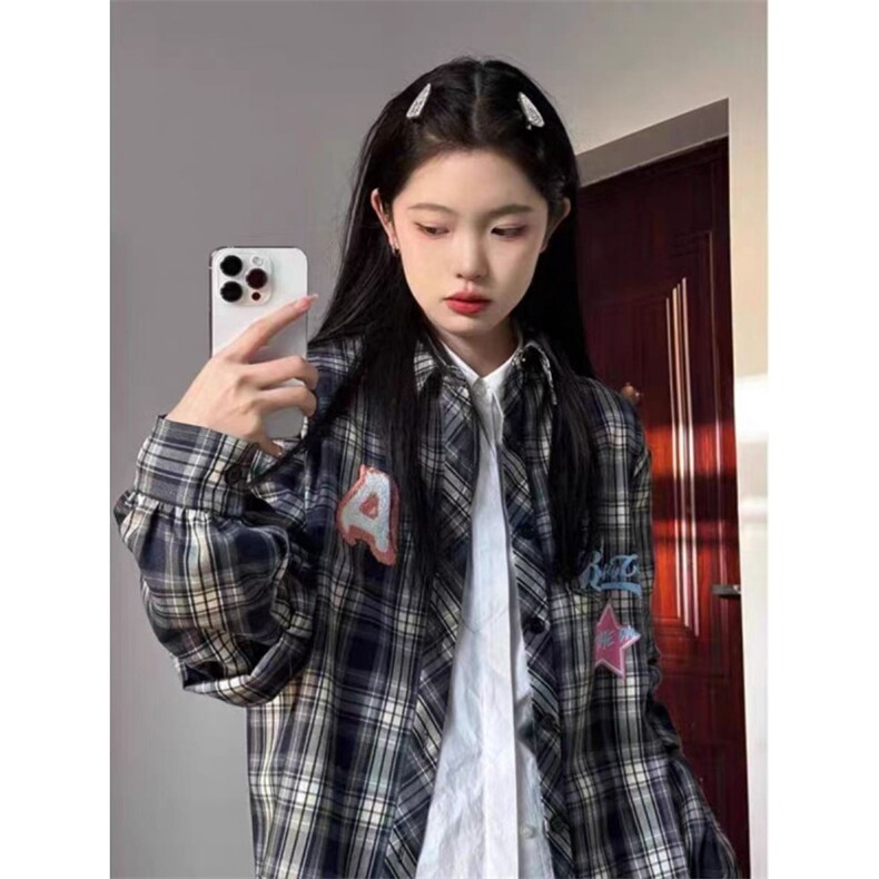 美式复古长袖格子衬衫外套女春秋幂式穿搭设计感小众刺绣防晒衬衣,男装防晒衣,星座506A