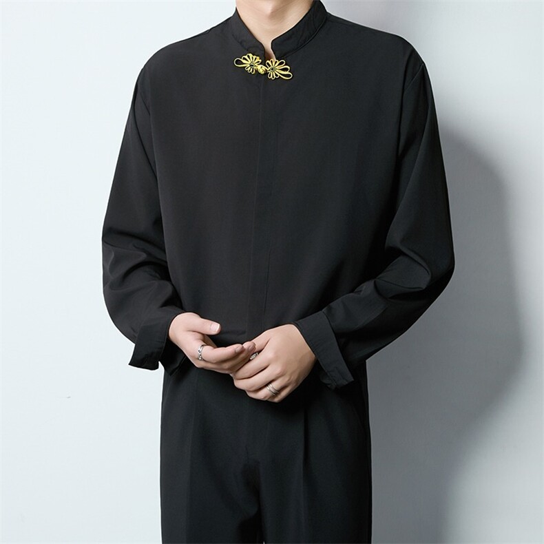 新中式金领衬衫男新中式轻熟风订婚男装韩版刺锈盘扣免烫衬衣立领,男装衬衫,星座506A