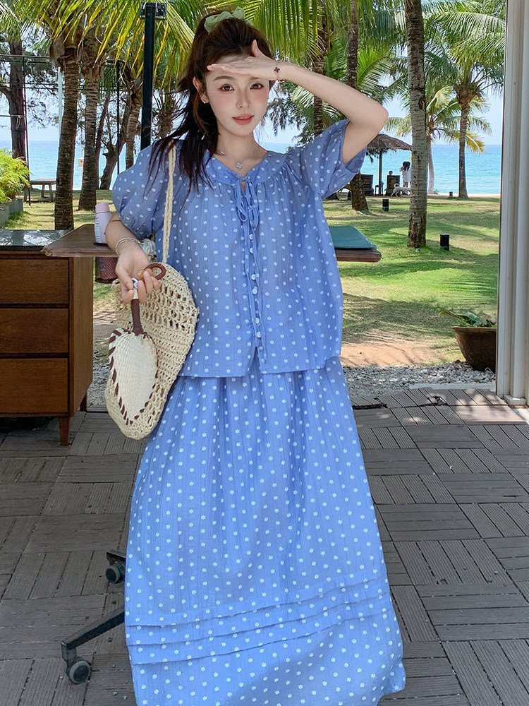 盐甜系度假风波点套装裙女2025夏新款短袖衬衫半身裙小个子两件套,女装套装/套裙,浙宝305