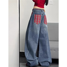 大码复古拼接设计感阔腿牛仔裤女春新款拼色格子宽松弯刀拖地裤，男装牛仔裤，星座813-2
