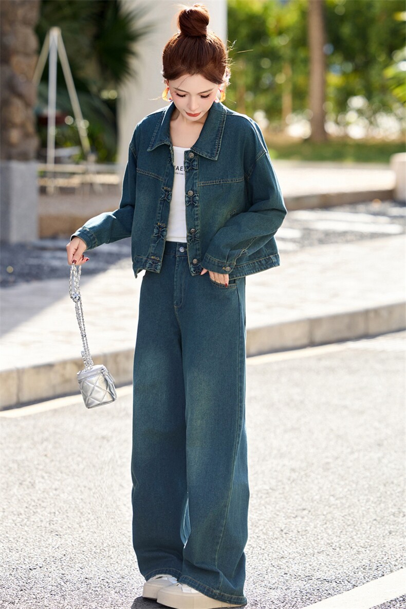 新中式牛仔套装女2025春新款超好看独特漂亮超火减龄阔腿裤两件套,女装套装/套裙,欣品汇