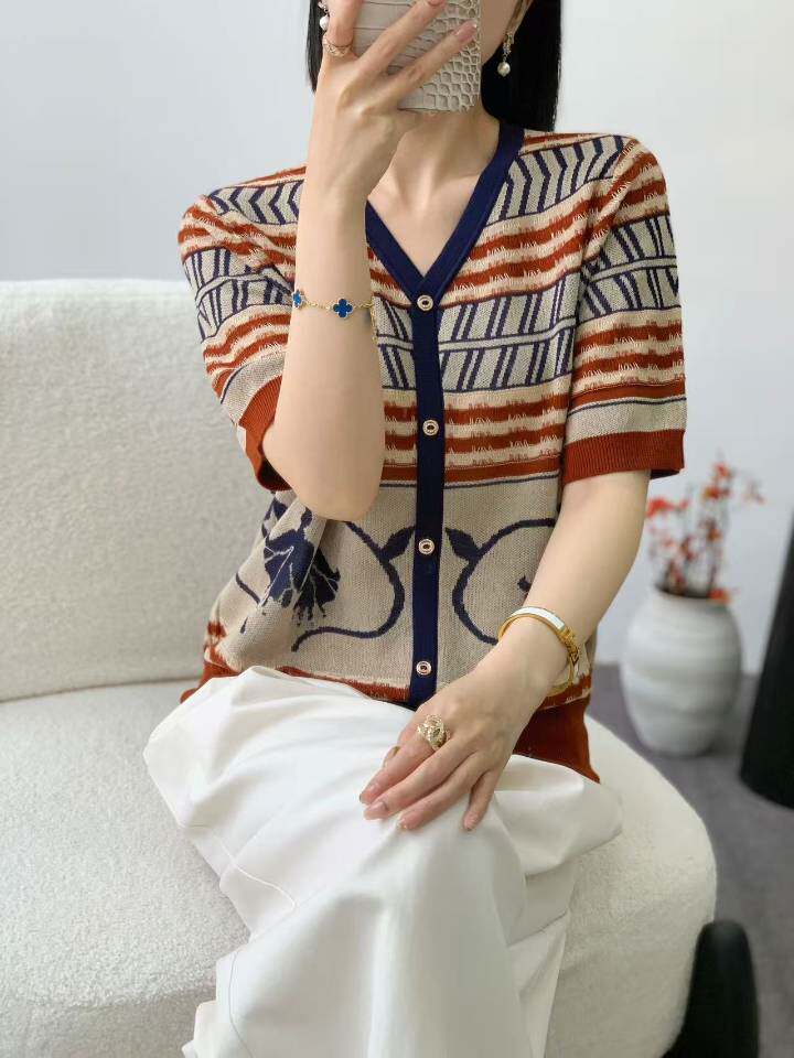 2025天丝莱赛尔撞色复古V短袖，女装针织衫/毛衣，晨旭羊绒